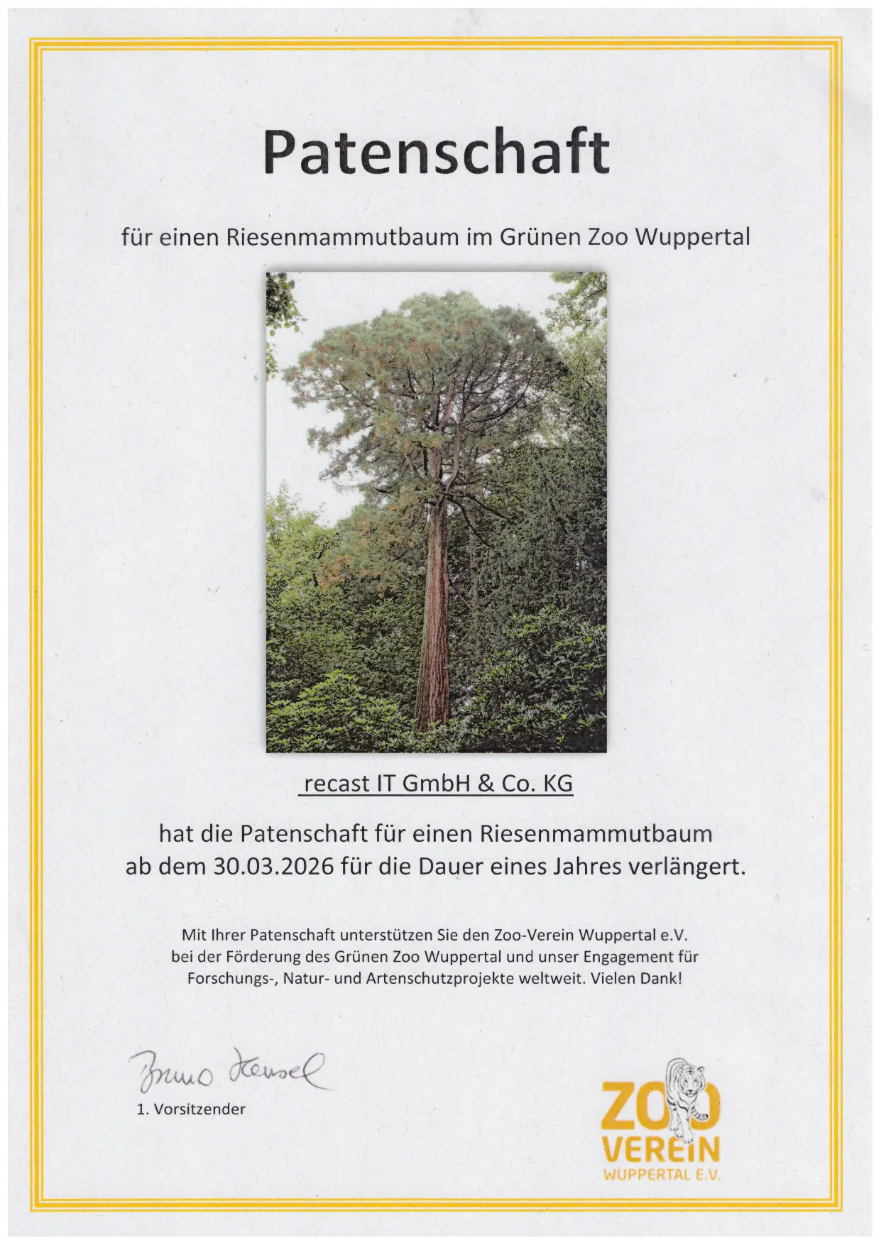 Patenschaftsurkunde für den Riesenmammutbaum Unsere Patenschaftsurkunde für den Riesenmammutbaum