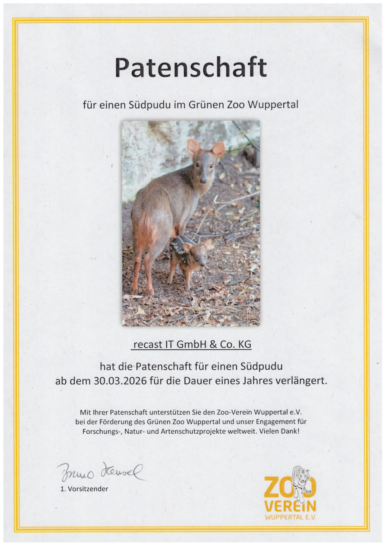 Patenschaftsurkunde für den Südpudu Unsere Patenschaftsurkunde für den Südpudu